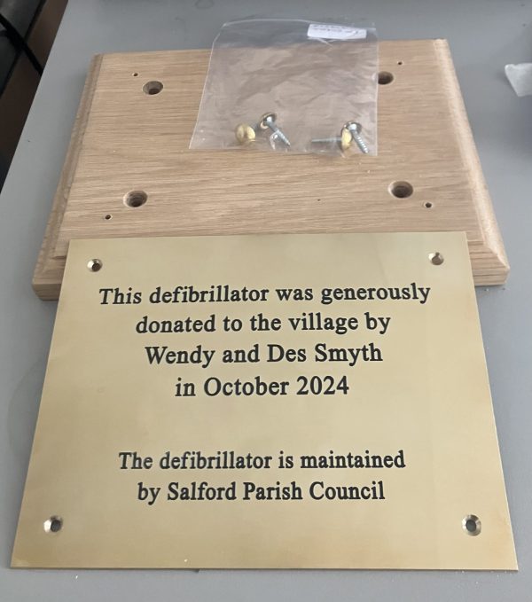 Salford Parish Council brass plate & oak plinth Brass pate with holes in Oak plinth for fixings
